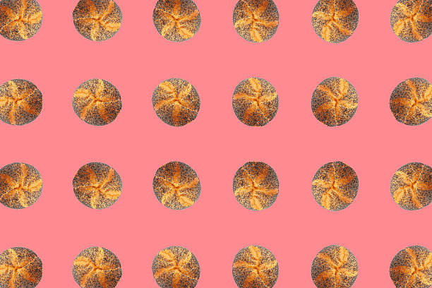 Poppy Seed Bread Pattern on Pink, Kaiser Roll Art Wallpaper, Seeds Breakfast Bun, Poppyseed Round Bagel, Poppy Seed Bun Flat Lay and Top View