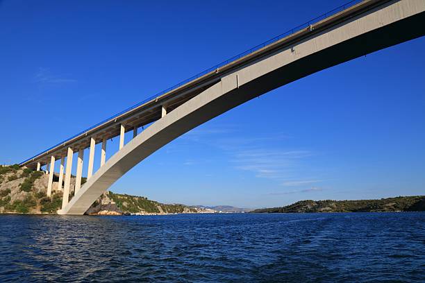 Sibenik Bridge (Sibenski Most) of Adriatic highway (Jadranska Magistrala) crossing river Krka in Croatia. Concrete arch bridge.