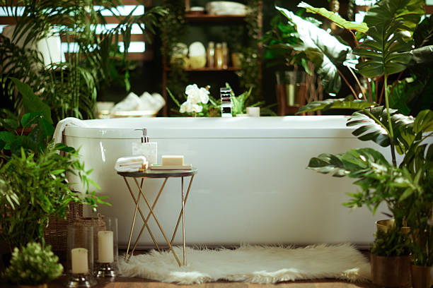 istock Tranquil Modern Bathroom with Spa Bathtub and Plants 2221854095