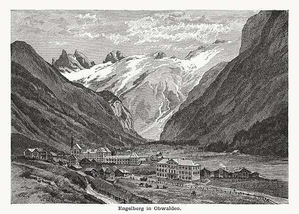 kuvapankkikuvitukset aiheesta historiallinen näkymä engelbergiin, sveitsiin, puukaiverrus, julkaistu 1876 - obwalden