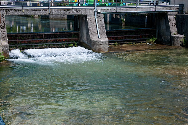 Dam on the Duero River as it passes through Castronuño, Valladolid-Spain the increase of the river bed. Hydroelectric power plant on the Duero river. Increasing the flow of the river, releasing water.