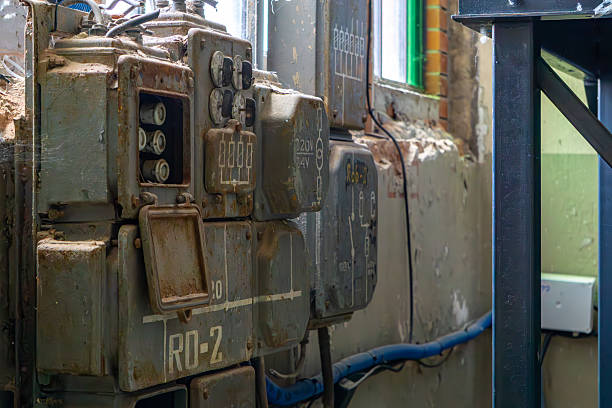 Rusty and weathered industrial electrical switchboard with old meters and switches, located in an abandoned factory. Visible cables and technical markings on the metal casing.