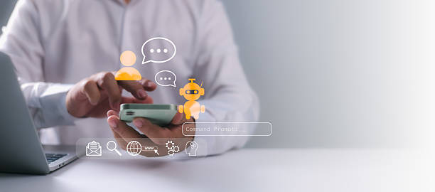 istock A business professional using a smartphone with chatbot AI and messaging interface icons, illustrating digital communication, virtual assistant services, automation, technology, and future innovation. 2221883528