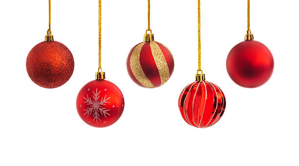 Red Christmas balls hanging in a row