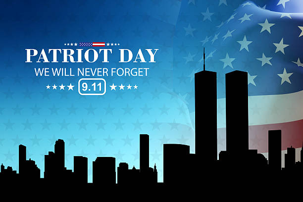 New York skyline silhouette with Towers on blue background. Patriot Day banner. 9.11.2001