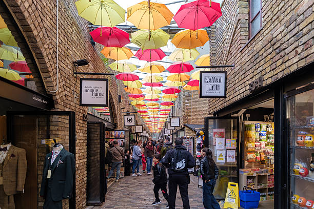 London, UK - May 25, 2025 : View of the famous umbrella street in Camden Market London UK