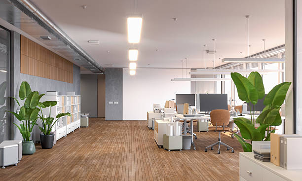 istock Creative modern office interior with desks and computers, bright and cozy 2221897297