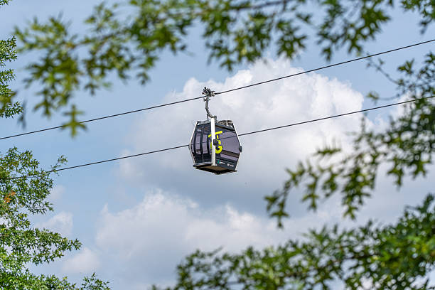 istock A single gondola cabin drifts elegantly framed by tree branches against a soft cloudy sky. 2221897973