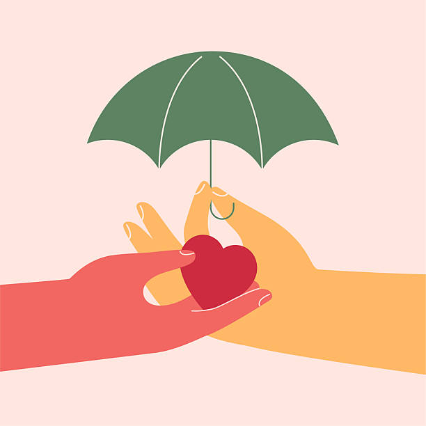 istock medical Insurance, life saving. health protection, security. Hand with open umbrella guarding hand with red heart. Vector 2221902338