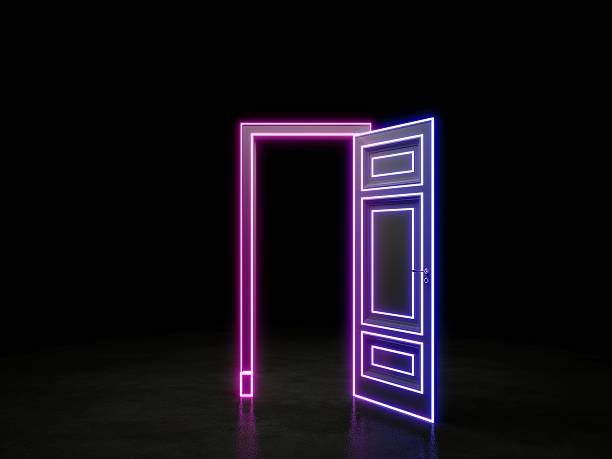 istock Open door in the dark space. Colorful neon door. 3D rendering 2221904956