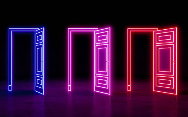 istock Open door in the dark space. Colorful neon door. 3D rendering 2221904962