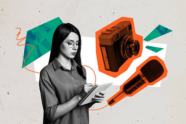 istock Composite photo collage of serious girl journalist write notebook notes mic interview camera retro cadre isolated on painted background 2221912895