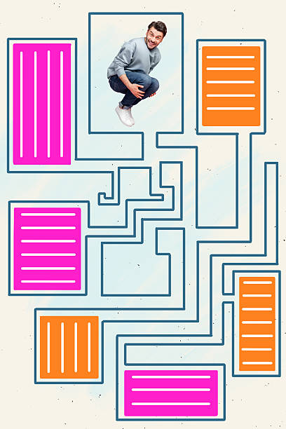 istock Vertical photo collage of happy businessman sit inside work algorithm paper sheet documentation project maze isolated on painted background 2221915941
