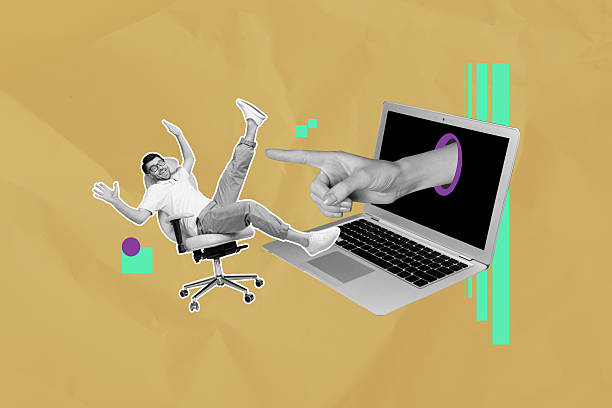 istock Sketch image composite 3D collage of beige color backdrop silhouette laptop open display young man sir armchair hand appear finger touch 2221915986