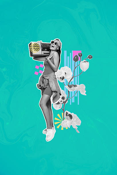 istock Composite sketch image trend artwork photo collage of teal color backdrop silhouette young woman hold boombox rest dance flower outdoors 2221917657