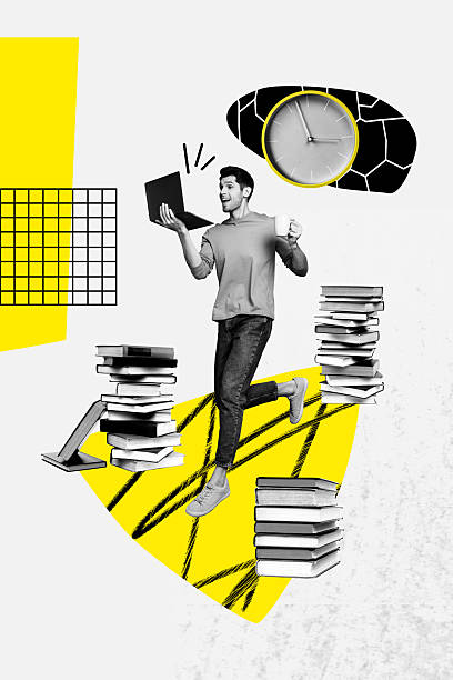 istock Vertical photo collage of happy guy freelancer run carry laptop coffee cup book stack education study isolated on painted background 2221918742