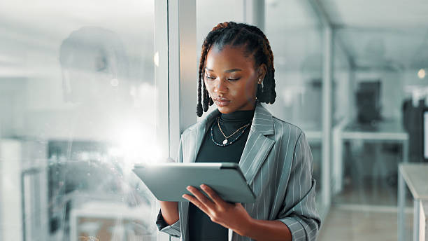 istock Tablet, black woman and business communication with internet connection, networking or email. Employee, person and technology for space, search and planning online with corporate digital data 2221919152