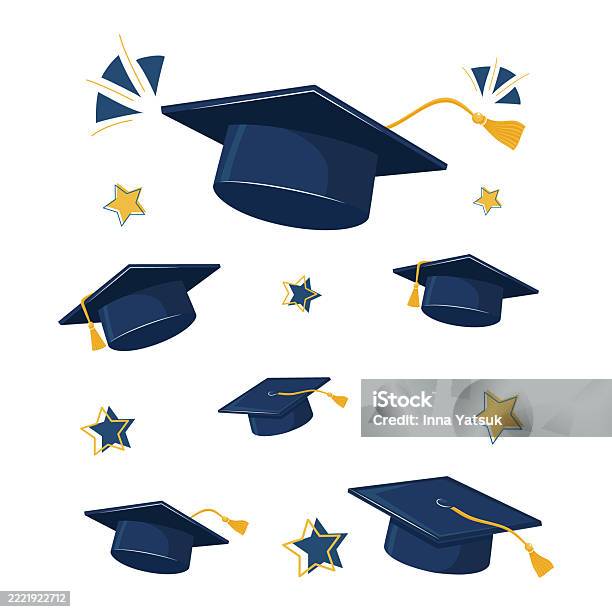 Scattered Blue Graduation Hats With Gold Tassels And Stars On White Background Stock Illustration - Download Image Now