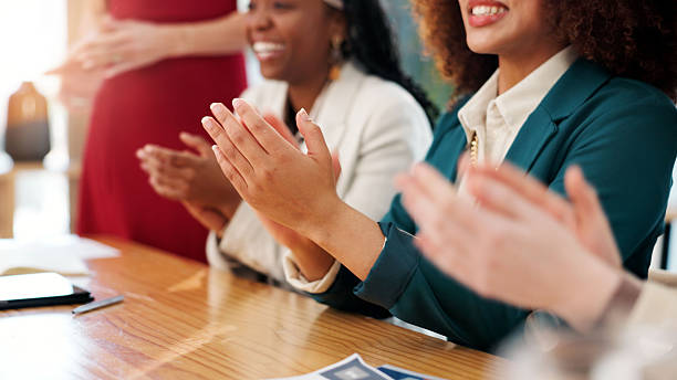 istock Hands, audience or businesswomen clapping for presentation, teamwork or empowerment agreement. Bonus, achievement or employees with applause, group or goals in celebration for success at workplace 2221926497