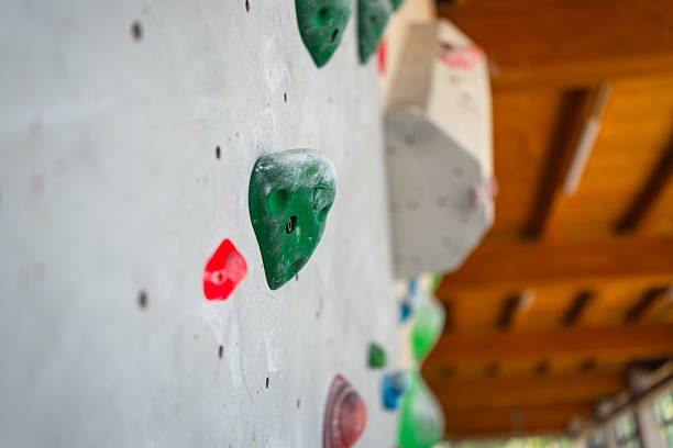 Minimal close-up of colorful indoor climbing holds mounted on a light grey bouldering wall. The holds vary in shape, texture and color. Shot in a modern climbing gym with soft natural light.