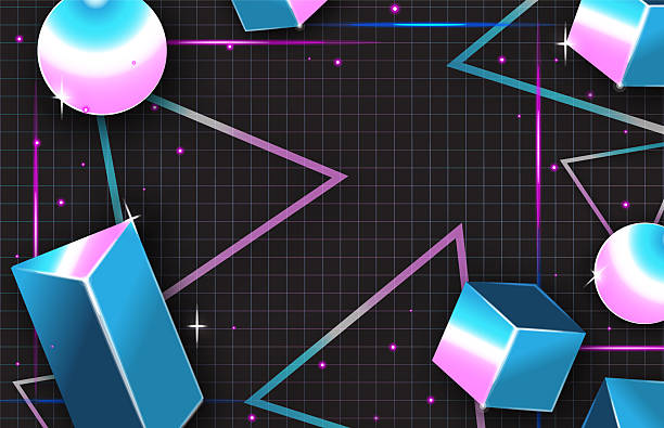 Vector illustration of a colorful Neon synth wave or 80s style abstract background with geometric 3d shapes and grid. Editable vector eps included in download.