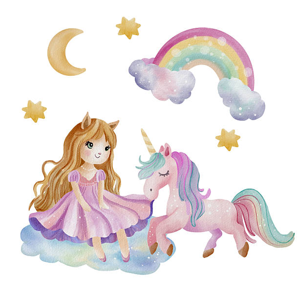 Cute watercolor element set with fairy, unicorn, winged cat, rainbow and fluffy cloud in soft pastel fantasy style for children Soft pastel watercolor set of cute fairy, unicorn, rainbow, winged cat and fluffy cloud in fantasy illustration style unicorn floaty stock illustrations