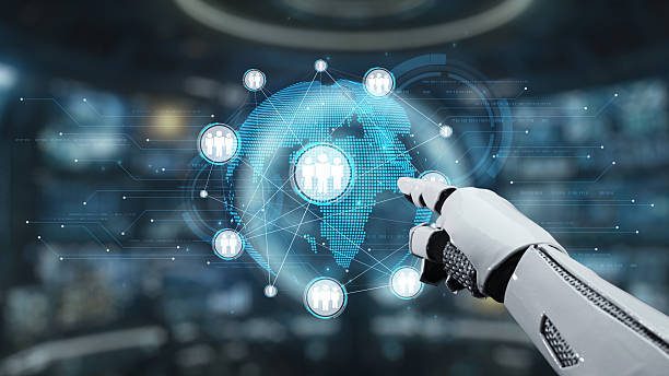 istock Futuristic robotic hand interacting with global digital network showcasing people connections and technological innovation in virtual space. Auvana 2221965841