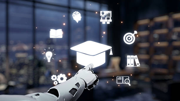 istock Futuristic Robot Hand Interacting with Education Icons in Modern Learning Environment, Digital Transformation Concept in Education Technology. Auvana 2221966257