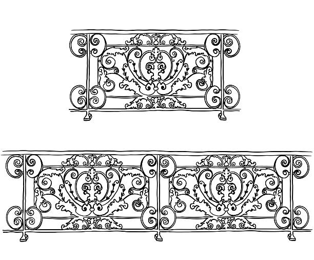 vector-style illustration of ornate wrought iron banisters featuring symmetrical scrollwork, floral motifs, and classical design elements. The image shows two separate sections of decorative railings, often found on balconies or staircases.