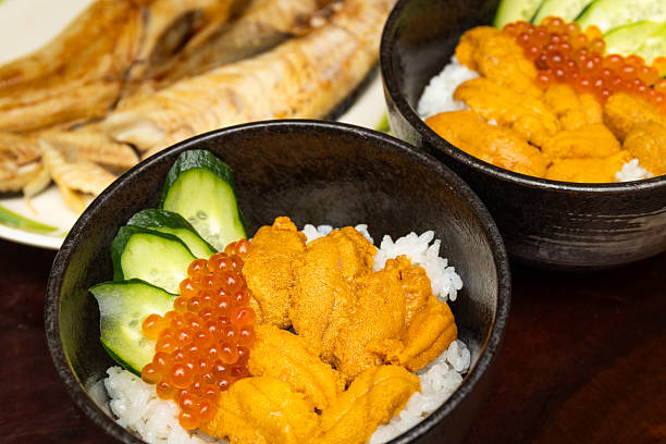 Japanese sea urchin on rice bowl. A luxury seafood dish in Japan.