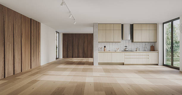 istock Studio room interior with lounge zone and cooking area furnished with sofa and dining table. Modern design solution, 3d rendering 2222000706