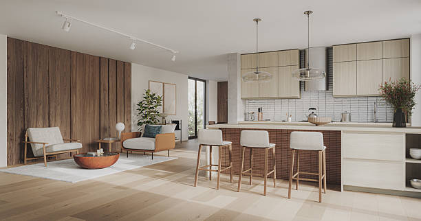 istock Studio room interior with lounge zone and cooking area furnished with sofa and dining table. Modern design solution, 3d rendering 2222000708