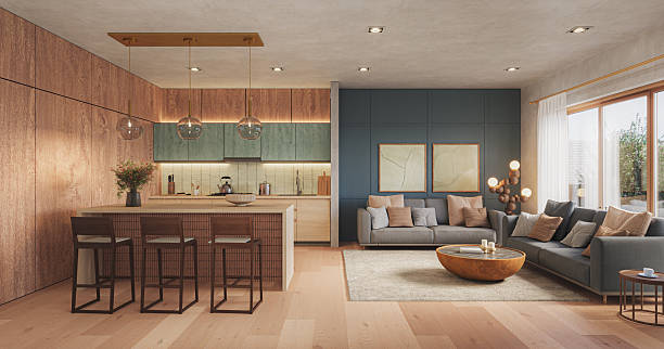 istock Studio room interior with lounge zone and cooking area furnished with sofa and dining table. Modern design solution, 3d rendering 2222000722