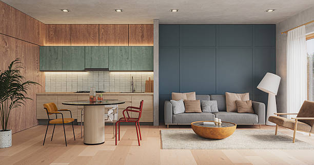 istock Studio room interior with lounge zone and cooking area furnished with sofa and dining table. Modern design solution, 3d rendering 2222000729
