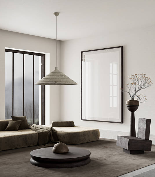 istock Minimalist elegance in a serene living room. 3D illustration 2222001165