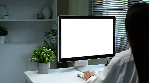 istock Back view of businesswoman working at desktop computer with blank screen 2222006720