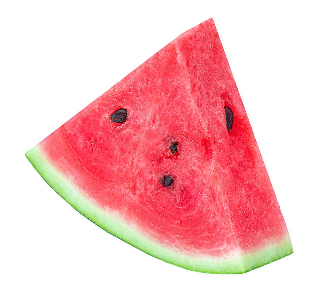 istock Isolated Watermelon piece triangle on white background. Watermelon cutted piece.  Top view. Flat lay. Package design elements. 2222009584
