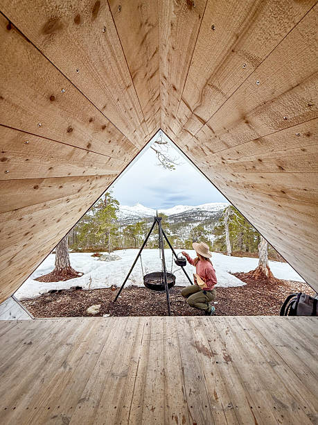 istock Woman Cooking Over Open Fire in Mountain Cabin Setting 2222012155