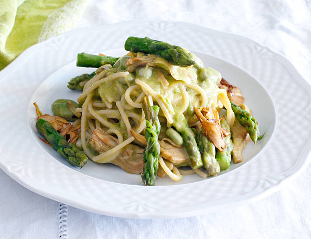 istock Spaghetti with artichokes and asparagus 2222015326