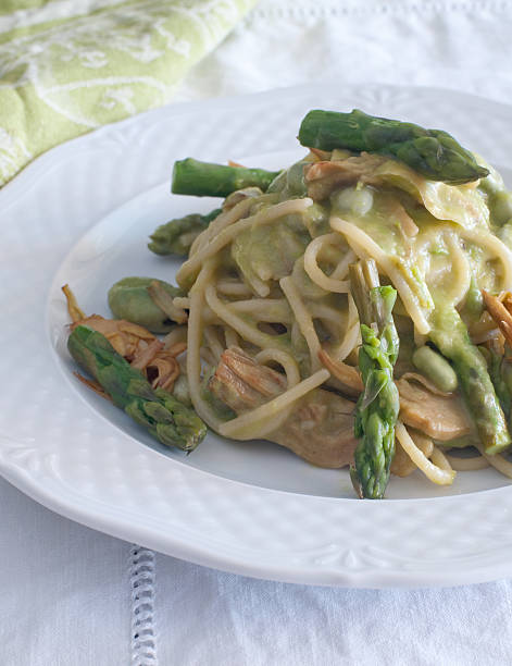 istock Spaghetti with artichokes and asparagus 2222015353