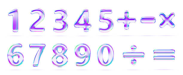 istock 3d glass hologram numbers font render icon set. Neon gradient balloons plus, minus, multiply, divide, equal. Iridescent digits and math operation symbols isolated on white background 2222029200