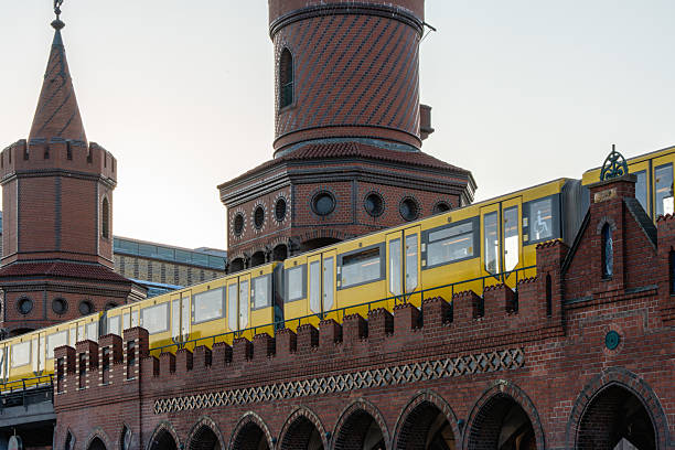 A yellow U-Bahn train crosses a historic red-brick arched bridge at sunset. Berlin s iconic Oberbaumbrucke blends Gothic revival architecture with modern transport.