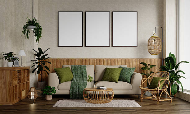 istock Sustainable living room design with natural elements and greenery. 3D render illustration 2222038355