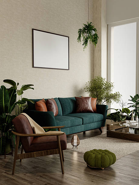 istock Sustainable living room interior design with natural elements. 3D render illustration 2222038394