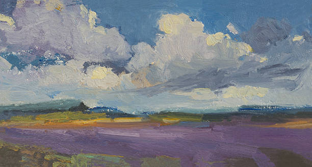 Lavender field oil painting. Beautiful illustration of a purple field. Summer landscape clouds. Provence style. Handmade author's work for the design of notebooks, notebooks, calendars. Modern art