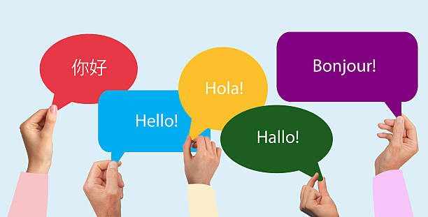 Diverse people with speech bubbles for studying foreign language. Hello in Chinese, English, Spanish, German and French