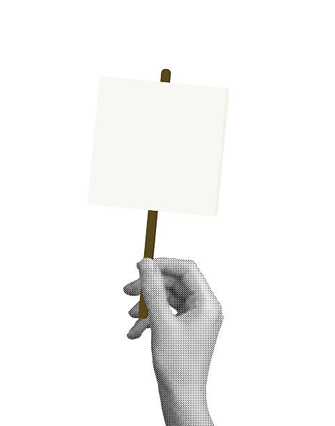 Protest sign held high by an activist. Blank placard on wooden stick, symbolizing support for activism and revolution. Isolated on white background, perfect for message or announcement. Retro halftone