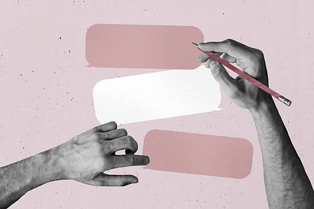 istock Creative pop poster sketch art collage of hands hold pencil bubble communication speech notice paper memo chatterbox notification 2222043290