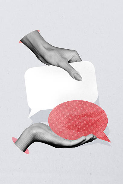 istock 3D collage design composite trend artwork sketch of body two hand hold talk dialog comment bubble speech cloud conversation network 2222043297
