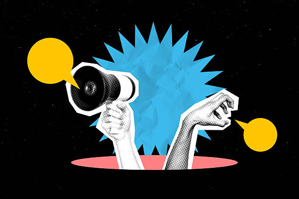 istock Composite poster image art collage of human hands hold megaphone bubble communication strike activist rebellion information 2222043544